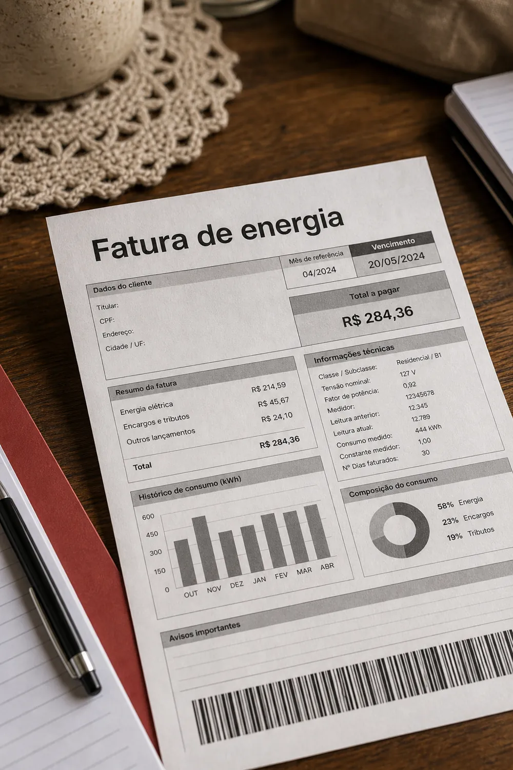 Close de uma fatura de energia sobre a mesa