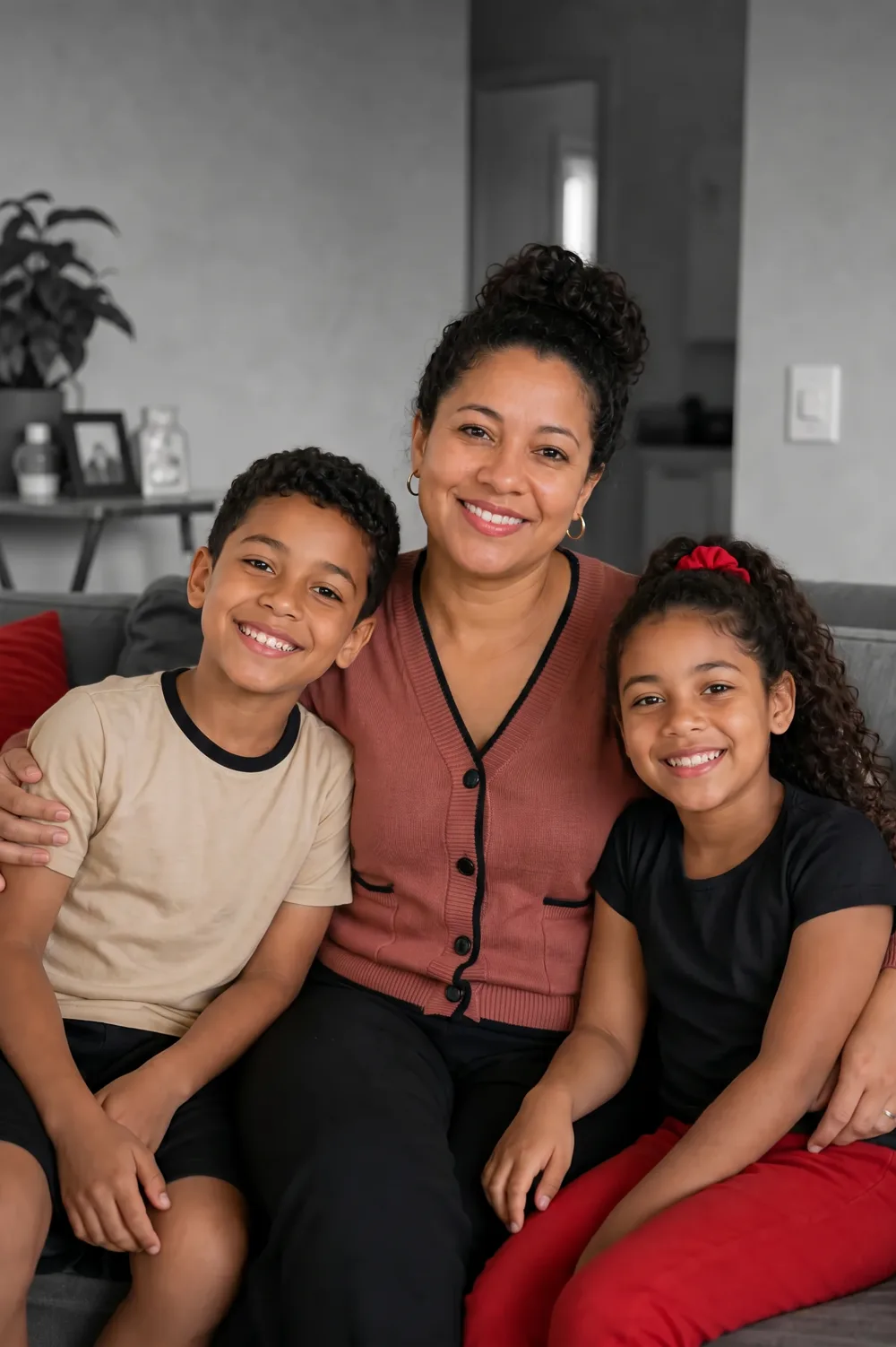 Mãe com dois filhos sorrindo no sofá de casa