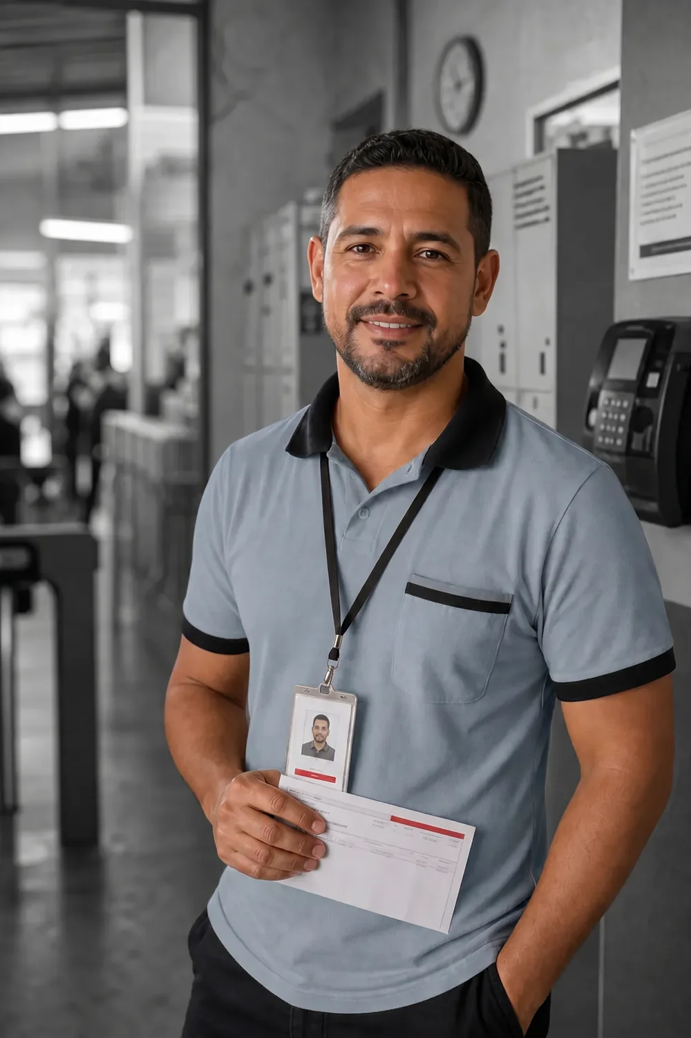 Trabalhador CLT segurando crachá em ambiente de trabalho